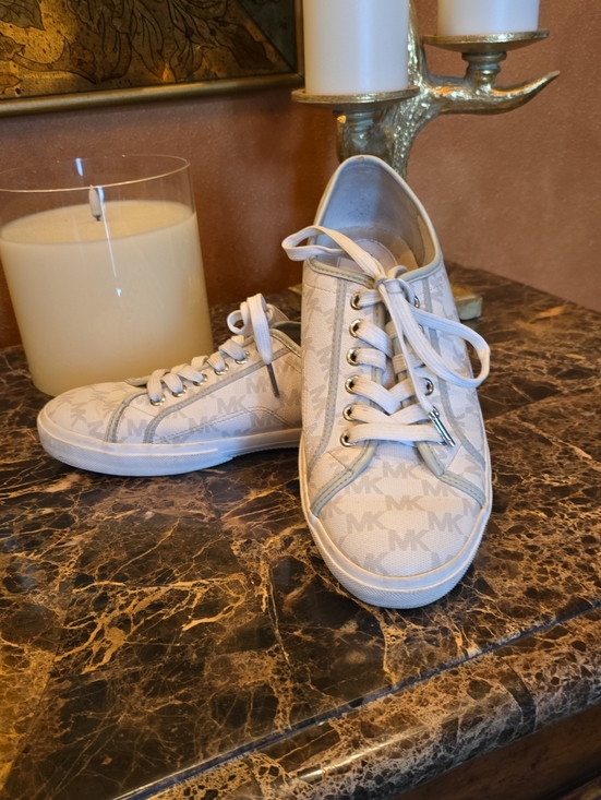 Michael Kors Shoes - Michael Kors Beige and White MK Logo Low-Top Sneakers